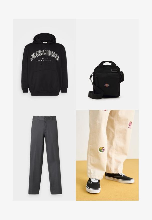 Melns kapucis, kas izgatavots no kokvilnas maisījuma auduma. Iespējas: priekšējā kangurū kabata, auklas kapuce un balts apdrukāts zīmola logo uz krūtīm.; Pelēki bikses no gludas auduma ar taisnu kāju dizainu, pogu aizdari un jostu cilpiņām; minimāli šuvumi un bez rakstiem.; Beige kokvilnas bikses ar rotaļīgiem izšūtiem dizainiem, tostarp rozā raksturs un krāsains bloks, saskaņotas ar melniem kurpēm ar auklām.; Melna pleca soma ar rāvējslēdzēja kabatu, taisnstūra forma, izgatavota no auduma, ar logotipa uzšuvi priekšpusē, regulējams plecu siksna.