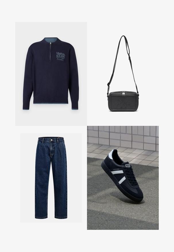 Temno modra dolga majica s puloverjem in četrtno zadrgo, rebrastimi manšetami in obodom ter svetlo modrim logotipom "Replay Blue Jeans" na levem prsnem delu.; Temno modri kavbojki iz denima s pravim krojem. Imajo vidno šivanje, zapenjanje na gumb in sprednje plitke za dodaten detajl.; Črne usnjene superge z belimi črtami, teksturiran gumijast podplat in zavezovanje spredaj. Imajo označeno oznako na ježku.; Črna usnjena torbica čez ramo z zadrgo, embosirano logotipom spredaj in nastavljivim pasom. Gladka površina z pravokotno obliko.