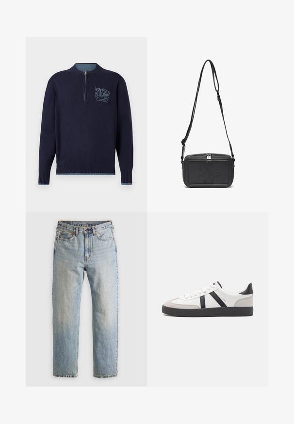 Tummansininen pitkähihainen neule, jossa on neljännesvetoketju, ribbineule hihansuissa ja helmassa, sekä vaaleansininen "Replay Blue Jeans" -logo vasemmassa rinnassa.; Vaaleansininen farkut, joissa on korkea vyötärö, etunappi, vetoketju ja viisi taskua, asetettu tasaisesti neutraalille taustalle.; Valkoiset lenkkarit mustilla ja harmailla yksityiskohdilla, joissa on teksturoitu harmaa kärki, musta kumipohja ja litteät valkoiset nauhat. Siisti muotoilu, minimalistinen tyyli.; Musta nahkainen olkalaukku vetoketjulla, etuosassa kohoamalla painettu logo ja säädettävä hihna. Sujuva pinta ja suorakulmainen muoto.