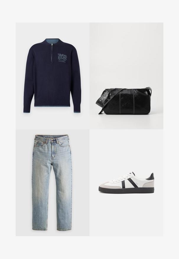 Tummansininen pitkähihainen neule, jossa on neljännesvetoketju, ribbineule hihansuissa ja helmassa, sekä vaaleansininen "Replay Blue Jeans" -logo vasemmassa rinnassa.; Vaaleansininen farkut, joissa on korkea vyötärö, etunappi, vetoketju ja viisi taskua, asetettu tasaisesti neutraalille taustalle.; Valkoiset lenkkarit mustilla ja harmailla yksityiskohdilla, joissa on teksturoitu harmaa kärki, musta kumipohja ja litteät valkoiset nauhat. Siisti muotoilu, minimalistinen tyyli.; Mustakulmainen nahkainen olkalaukku, jossa on vetoketjukiinnitys, teksturoitu pinta, valkoiset ompeleet ja hihna, jossa on hopeiset niitit.