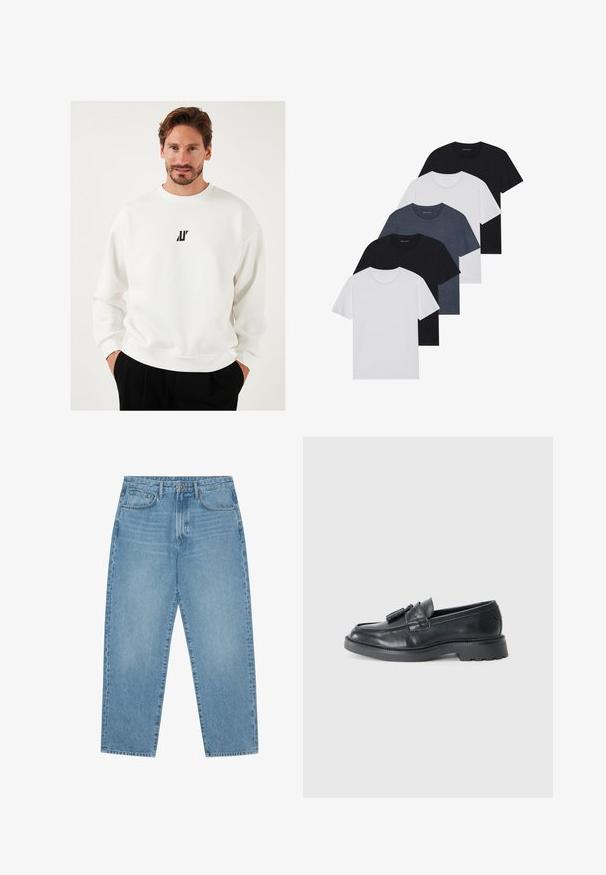 Biela mikina s malým čiernym logom na hrudi, okrúhlym výstrihom a voľným strihom, vyrobená z mäkkej tkaniny.; Sada piatich tričiek v čiernej, bielej a námorníckej modrej farbe. Bavlnený materiál, krátke rukávy, dizajn s okrúhlym výstrihom a hladká textúra bez vzorov.; Svetlo modré džíny s širokými nohavicami a vysokým pásom, s piatimi vreckami, pútkami na opasok a jemnou, mierne vyblednutou štruktúrou.; Čierne kožené mokasíny s okrúhlou špičkou, pásikom so strapcami a robustnou podrážkou s dezénom. Hladká textúra a klasický dizajn.