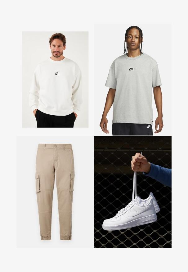 Bílá mikina s malým černým logem na hrudi, kulatým výstřihem a uvolněným střihem, vyrobená z měkké tkaniny.; Mladý člověk s pletenými vlasy, oblečený v světle šedém tričku Nike a černých šortkách Nike, na čistém bílém pozadí.; Béžové cargo kalhoty z lehkého bavlněného materiálu. Mají elastické manžety, více bočních kapes a zapínání na knoflík.; Bílé kožené tenisky s perforacemi, kulatou špičkou, plochou podrážkou a silnými tkaničkami, které mají viditelné logo swoosh a nápis "AIR" na patě.