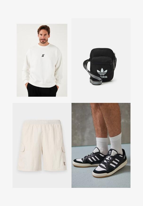 Sudadera blanca con un pequeño logo negro en el pecho, con un cuello redondo y un corte relajado, confeccionada en una tela suave.; Pantalones cortos tipo cargo beige con una cintura elástica, dos bolsillos laterales y un pequeño logo en la parte inferior derecha. Tela suave y ligera.; Zapatillas en blanco y negro con parte superior de ante y cuero, que presentan tres franjas blancas, una puntera perforada y una suela de goma.; Bolso cruzado de tela negra con cierre de cremallera, que presenta un logo blanco de Adidas y una correa ajustable a rayas para un fácil transporte.