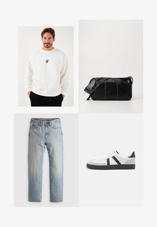 White sweatshirt featuring a small black logo on the chest, with a round neckline and relaxed fit, crafted from soft fabric.; Light blue denim jeans with high waist, front button, zipper, and five-pocket design, laid flat on a neutral background.; White sneaker with black and gray accents, featuring a textured gray toe cap, black rubber sole, and flat white laces. Clean design, minimalist style.; Black leather shoulder bag with a zip closure, featuring a textured body, white stitching, and a strap with silver grommets.