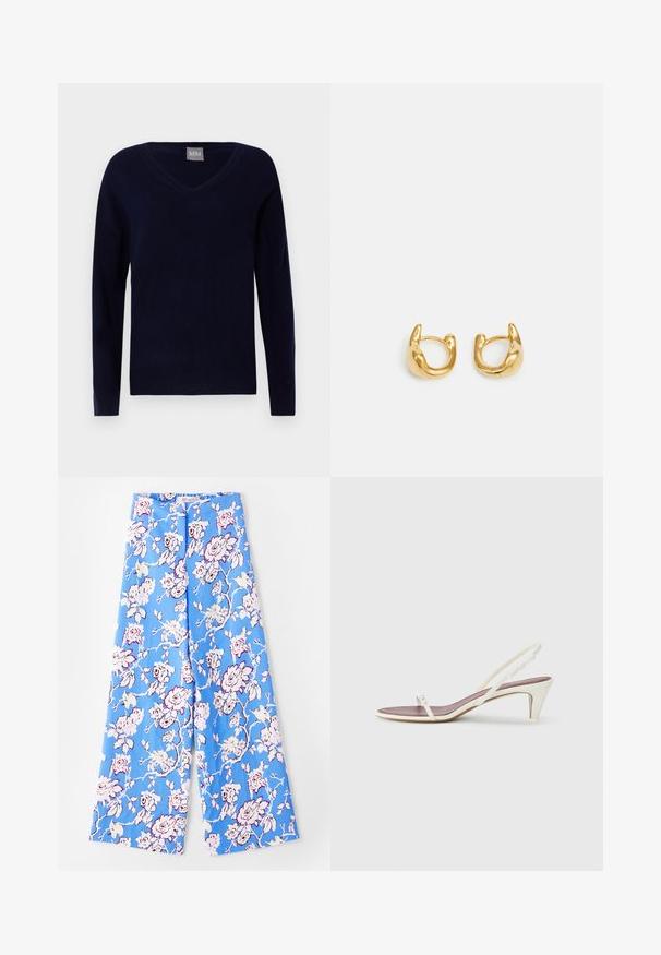 Tengeri V-nyakú pulóver, puha kötött anyagból; hosszú ujjakkal és egyenes aljjal rendelkezik, bordás részletekkel az ujjaknál és az alján.; Kék virágmintás nadrág, amely pasztell rózsamintával van díszítve. Az anyag sima, laza szabású, széles lábú, és rugalmas derékpánttal rendelkezik.; Fehér, pántos szandál enyhe sarokkal, vékony pántokkal és sima bőr textúrával; kis díszítő csattal rendelkezik.; Arany karika fülbevalók sima, lekerekített kialakítással, fényes felülettel. A fülbevalók kompakt, tömzsi formájúak, és zökkenőmentes kapoccsal rendelkeznek.