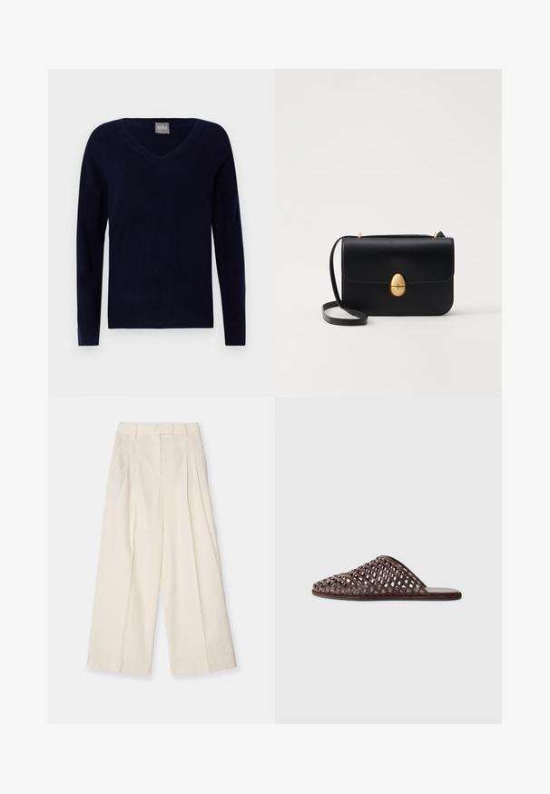 Tumes V-kaelusega sall, mis on valmistatud pehmest kudumifabricist; omab pikki varrukaid ja sirget äärt ribiliste detailidega varrukate ja allosa juures.; Laiad püksid tekstureeritud kreemjas kangas. Omab kõrget vööd pleatide, vööklambrite ja puhta, minimalistliku disainiga.; Pruun kudumine slaidisandaal ümmarguse varbaga, avatud disainiga, lame tallaga ja tekstureeritud pinnaga. Kerge materjal ja minimalistlik siluett.; Must kase nahast käekott, millel on struktureeritud ristkülikukujuline kuju. Omab kuldset ovaalset lukku ja õhukest õlavarre rihma. Sile tekstuur.