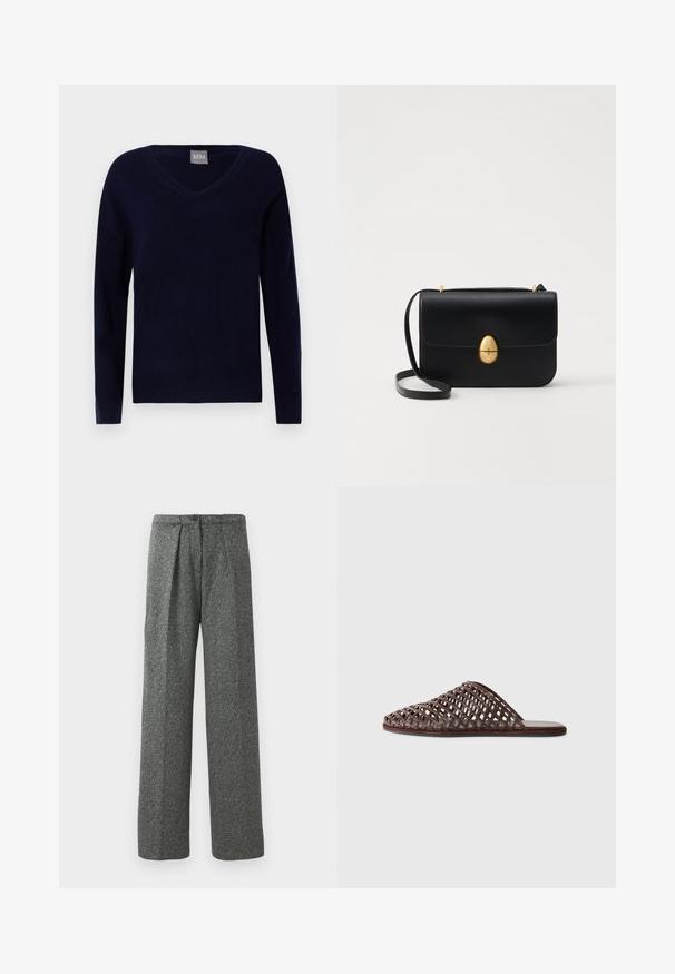 Tumes V-kaelusega sall, mis on valmistatud pehmest kudumifabricist; omab pikki varrukaid ja sirget äärt ribiliste detailidega varrukate ja allosa juures.; Hallide kõrge vöökoht, laiad püksid, ees volditud, nööbiga sulgemine ja tekstureeritud kangasviimistlus.; Pruun kudumine slaidisandaal ümmarguse varbaga, avatud disainiga, lame tallaga ja tekstureeritud pinnaga. Kerge materjal ja minimalistlik siluett.; Must kase nahast käekott, millel on struktureeritud ristkülikukujuline kuju. Omab kuldset ovaalset lukku ja õhukest õlavarre rihma. Sile tekstuur.