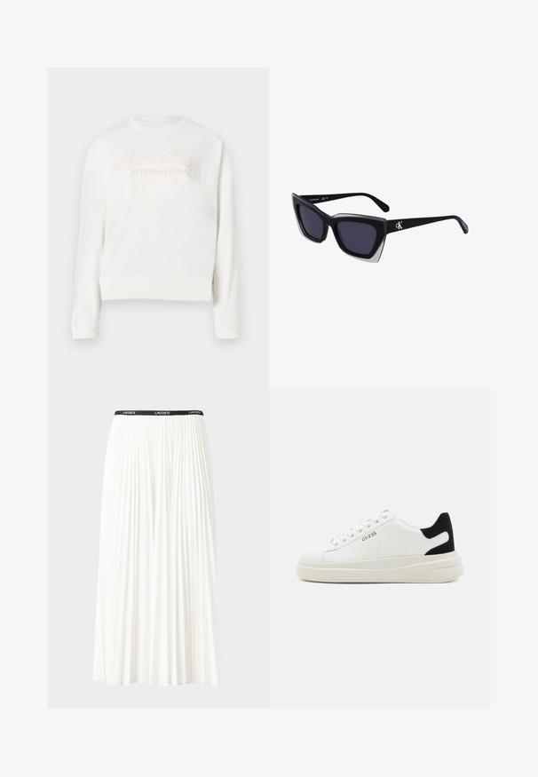Sweatshirt branca feito de tecido suave, apresentando um decote redondo, mangas longas e o logotipo "Barbour International" em rosa claro.; Saia plissada branca com uma cintura elástica preta que apresenta o logótipo "LACOSTE". Design de comprimento médio com textura suave.; Sapatilhas brancas de couro com uma sola branca espessa, detalhe em camurça preta no calcanhar e logótipo em relevo na lateral. Design com atacadores e seis ilhós.; Óculos de sol oversized pretos com forma geométrica, apresentando lentes escuras e um detalhe cinza em contraste na armação. Logotipo na haste.
