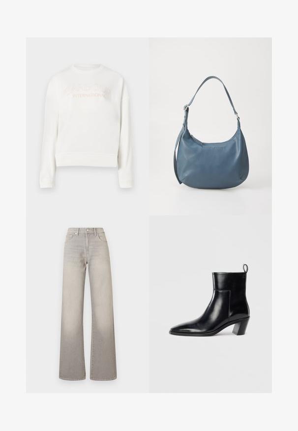 Sweatshirt branca feito de tecido suave, apresentando um decote redondo, mangas longas e o logotipo "Barbour International" em rosa claro.; Jeans largos cinzentos com um acabamento desbotado, fecho de botão, design de cinco bolsos e detalhes costurados ao longo das costuras.; Botim de cano baixo em couro preto com bico pontiagudo, um salto geométrico empilhado e uma alça na parte de trás. Textura suave e design elegante.; Bolsa de couro azul com formato arredondado, alça única para o ombro, fecho em zíper e nome da marca em relevo na parte da frente. Textura suave.