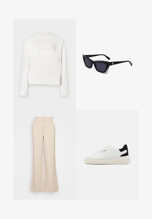 Fehér pulóver, puha anyagból készült, kerek nyakkivágással, hosszú ujjakkal, és világos rózsaszín "Barbour International" logóval.; Beige, bő szárú nadrág sima textúrával, magas derékkal és két elülső zsebbel. Tiszta dizájn, elegáns szabású.; Fehér bőr sportcipők vastag fehér talppal, fekete velúr sarokpikkelyel és dombornyomott logóval az oldalon. Fűzős kialakítás, hat fűzőlyukkal.; Fekete, nagyméretű napszemüveg geometrikus formával, sötét lencsékkel és kontrasztos szürke részlettel a kereten. Logó a szárán.
