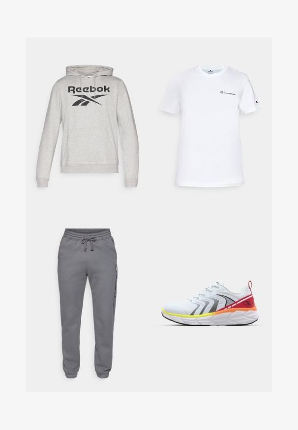Sweatshirt cinza feito de material suave, com um bolso frontal, cordões e um grande logótipo preto da Reebok no peito.; T-shirt de algodão branco com decote redondo, mangas curtas e um logótipo "Champion" bordado a preto no peito e como detalhe na manga.; Champion ICONS TONAL CUFF LARGE LOGO - Calças de fato de treino - foggy; Sapatilha atletica branca com um cabedal em malha texturizada, riscas pretas e detalhes multicoloridos em vermelho, laranja e amarelo na sola.
