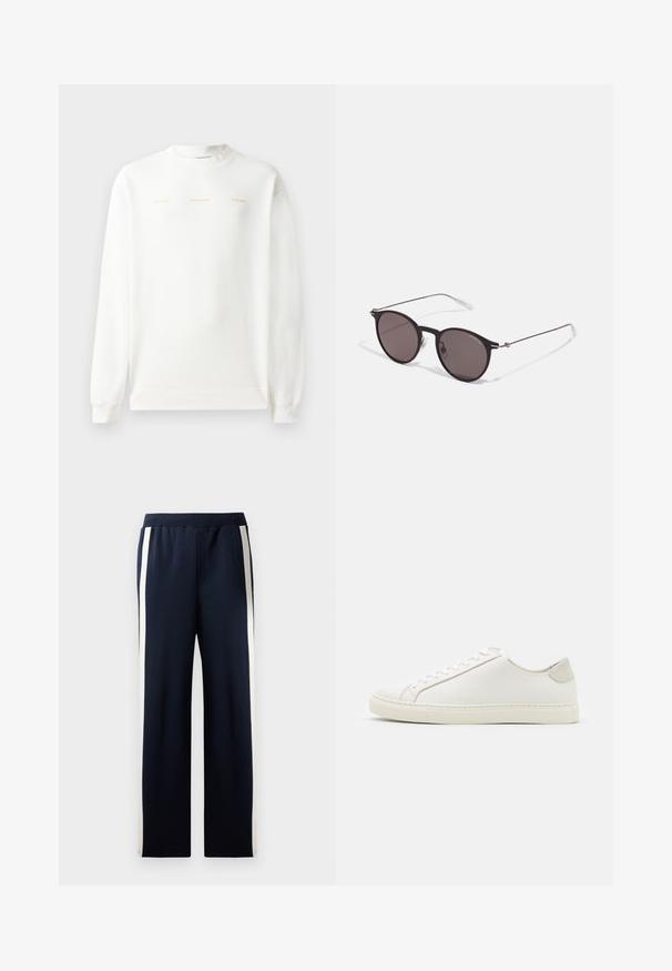 Sudadera blanca con cuello redondo, mangas largas y puños de canalé. Presenta un texto impreso en dorado en el pecho: "HZW (25-26) HOLZWEILER THE SUN."; Pantalones de chándal de color navy con un diseño de pierna ancha, que presentan rayas verticales en color crema a lo largo de los costados. Están hechos de una tela suave y texturizada con una cintura elástica.; Zapatilla blanca de cuero con una superficie suave, punta redonda y diseño minimalista. Presenta acentos en beige en el talón y una suela de goma.; Gafas de sol redondas negras con lentes oscuros y brazos metálicos delgados. Incluye puntas de varilla transparentes y acentos plateados en la bisagra. Diseño minimalista.