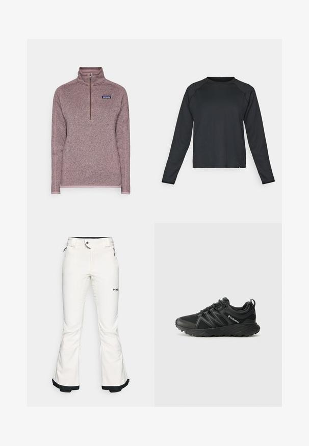 Patagonia BETTER SWEATER 1/4 ZIP - Strikkegenser - stormy mauve; Svart langermet skjorte med teksturert, ribbet stoff. Har en rund hals og avrundet kant, ideell for treningsklær.; Hvite skibukser laget av mykt, fleksibelt materiale. Har en tettsittende midje, vide, utvidede ben og svart kanting ved ermene. Merkevarelogo synlig.; Columbia PEAKFREAK - Fjellsko - black