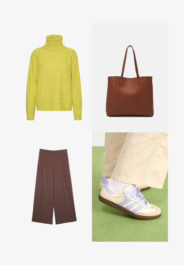 Limonengrüner Rollkragenpullover aus weichem Stoff, mit lockerer Passform, langen Ärmeln sowie gerippten Bündchen und Saum.; Braune Weite-Leg-Hosen mit einer glatten Textur, hoher Taille und Vorderfalten. Der Stoff ist leicht und fällt locker.; Cremefarbene und lavendelfarbene Sneakers mit drei Streifen und einer strukturierten braunen Sohle, ausgestattet mit Schnürsenkeln und einer gepolsterten Ferse. Obermaterial aus weichem Stoff.; Braune Leder-Tote mit glatter Textur, offenem Oberteil und zwei Schulterriemen. Verfügt über minimale Nähte und keine sichtbaren Beschläge.; Halskette aus goldfarbenem Metall mit unregelmäßig strukturierten Gliedern und einem Y-förmigen Anhänger, betont durch einen zentralen Anhänger, der gestapelten Münzen ähnelt.