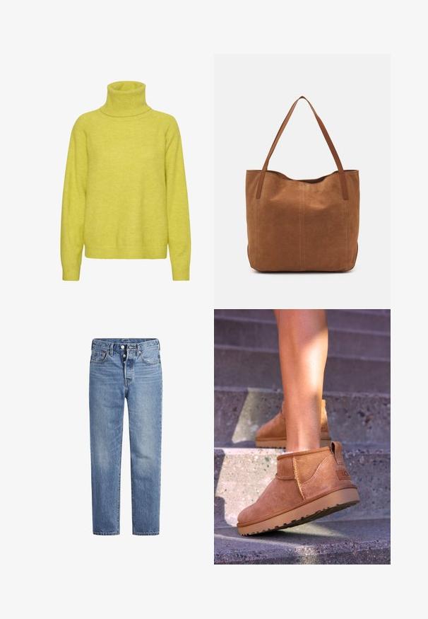 Limonengrüner Rollkragenpullover aus weichem Stoff, mit lockerer Passform, langen Ärmeln sowie gerippten Bündchen und Saum.; Helle blaue Jeans im geraden Schnitt, mit fünf Taschen und einem Knopfverschluss. Sie weisen dezente Verfärbungen und orangefarbene Nähte auf.; Beige Wildleder-Ankelstiefel mit weicher Textur, gesteppten Details und einer Gummisohle, ausgestattet mit einer Schlaufe an der Ferse für einfaches An- und Ausziehen.; Braune Wildleder-Tote mit zwei langen Henkeln, die eine glatte Textur, ein einfaches Design und keine sichtbaren Beschläge oder Akzente aufweist.