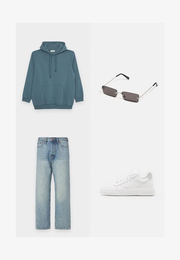 Teal värvi kapuutsiga hoodie, millel on pika varrukaga, esine kangaroo tasku ning ribaga ääred ja hem sileda kangaga.; Valge puuvillane T-särk, millel on lühikesed varrukad, ümmargune kaelus ja esiküljel punane graafiline tekst "MAITSVA KONDISIOONIGA PUUVILI".; Heledad sinine teksapüksid otse jala lõikega, viie tasku ja pronksist detailidega. Minimoodustunud pleekimine puhta viimistlusega.; Valged nahast spordijalatsid siledast nahast viimistlusega, ümarate varvastega, lamekestega ja tekstuuriga tallaga. Hall suede aktsent kanna juures.; Kübarid, millel on ristkülikukujulised, tumedhalli värvi läätsed, hõbedased metallraamid ja mustad plastotsad käeotsades. Kerge disain koos nina padjadega.