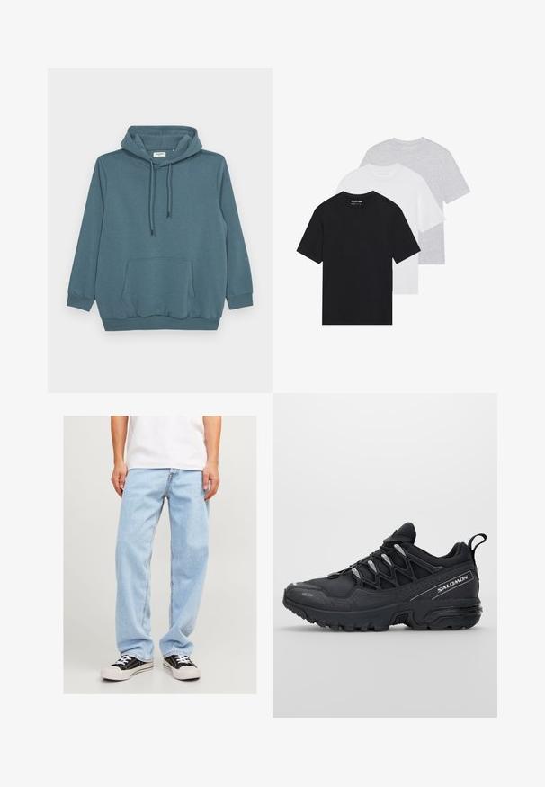 Felpa teal con cappuccio regolabile, maniche lunghe, una tasca a marsupio frontale e polsini e orlo ribattuti, realizzata in un tessuto morbido.; Set di tre t-shirt base in nero, bianco e grigio chiaro. Maniche corte, colletto rotondo, realizzate in cotone morbido. Logo del marchio visibile.; Jeans in denim azzurro chiaro con vestibilità comoda, caratterizzati da un design a gamba dritta e cuciture standard, abbinati a sneaker nere.; Scarpe sportive nere con tomaia in rete, suola in gomma e dettagli riflettenti. Presentano una suola ammortizzata e un design con chiusura a lacci.