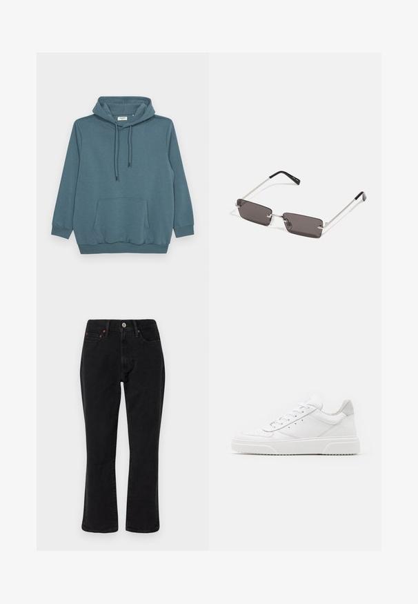 Mėlyno žalsvo spalvos džemperis su kapuce, ilgomis rankovėmis, priekinėmis kengūros kišenėmis ir įribiuotais rankogaliais bei hemu, pagamintas iš glotnaus audinio.; Juodi džinsai išdenimo, tiesaus kirpimo, su penkiomis kišenėmis ir metalinėmis detalėmis su vario akcentais. Glotni tekstūra ir vidutinė liemens linija.; Balti odiniai sportbačiai su lygiu paviršiumi, apvaliu pirštu, plokščiomis raištelėmis ir struktūrizuota padu. Pilko zimšo akcentas ant kulno.; Akiniai nuo saulės su stačiakampiais, tamsiai pilkais lęšiais, sidabriniais metaliniais rėmeliais ir juodais plastikiniais galiukais. Lengvas dizainas su nosies pagalvėlėmis.