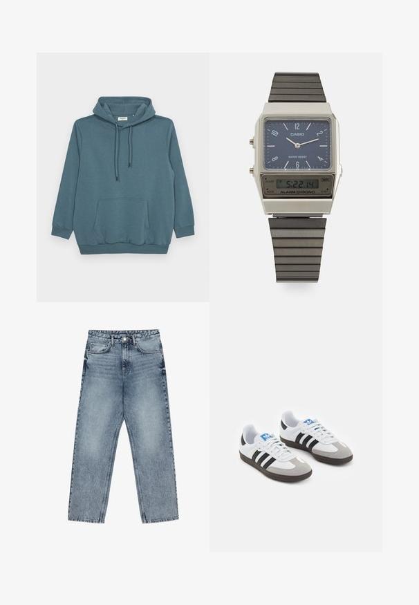 Sudadera color teal con capucha ajustable, mangas largas, un bolsillo tipo canguro en la parte frontal y puños y dobladillo acanalados en una tela suave.; Jeans de mezclilla azul claro con corte recto, costuras visibles, diseño de cinco bolsillos y cierre de botón en la cintura.; Zapatillas deportivas con parte superior de piel blanca, puntera de ante gris y tres rayas negras. Presentan un logo azul en la lengüeta y una suela de goma texturizada.; Reloj digital Casio con esfera azul, caja plateada y correa de goma negra estratificada. Muestra la hora y la configuración de la alarma. Resistente al agua.