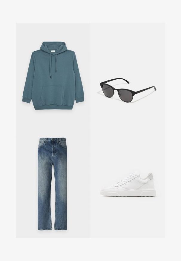 Mėlyno žalsvo spalvos džemperis su kapuce, ilgomis rankovėmis, priekinėmis kengūros kišenėmis ir įribiuotais rankogaliais bei hemu, pagamintas iš glotnaus audinio.; Mėlyni džinsai su tiesiom kojomis, turintys išblukusį skalbimą, diržo kilpas, priekinės kišenės ir vieną užpakalinę kišenę.; Balti odiniai sportbačiai su lygiu paviršiumi, apvaliu pirštu, plokščiomis raištelėmis ir struktūrizuota padu. Pilko zimšo akcentas ant kulno.; Juodos saulės akinių su apvaliais lęšiais, matinio paviršiaus ir išskirtinės katės akies formos. Šlauni rankenos su subtilia ženklinimo detale kairėje šventykloje.
