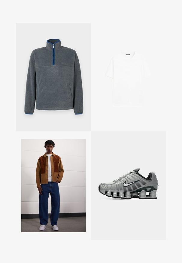 Grijze fleece pullover met een halve rits kraag, blauwe accenten bij de rits en manchetten, en een bu pockets. Zachte textuur, ontspannen pasvorm.; Witte katoenen t-shirt met korte mouwen, ronde halslijn en recht gesneden. Gladde textuur zonder zichtbare patronen of accenten.; Man die binnen staat en een bruine corduroyjas met roestvlekken, een wit T-shirt, losse blauwe spijkerbroeken en witte sneakers draagt.; Grijze en zwarte Nike hardloopschoen met zichtbare veerachtige demping onder de zool en een wit swoosh-logo aan de zijkant.