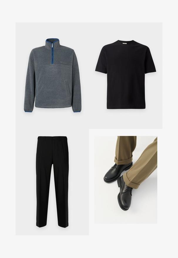 Siv pulover iz flisa z zadrgo do polovice ovratnika, modrim poudarjanjem na zadrgi in manšetah ter sprednjim žepom. Mehka tekstura, sproščen kroj.; Črna majica s kratkimi rokavi z teksturiranim geometrijskim vzorcem, okroglo ovratnikom in ravnim zaključkom. Narejena iz mehke, zračne tkanine.; Črne hlače iz gladkega materiala, s ravnim krojem, dvema sprednjima žepoma in zadrgo s gumbom.; Črne usnjene oblečne čevlje z gladko površino, z vezalkami in okroglo toe, v kombinaciji s spuščenimi kaki hlačami.