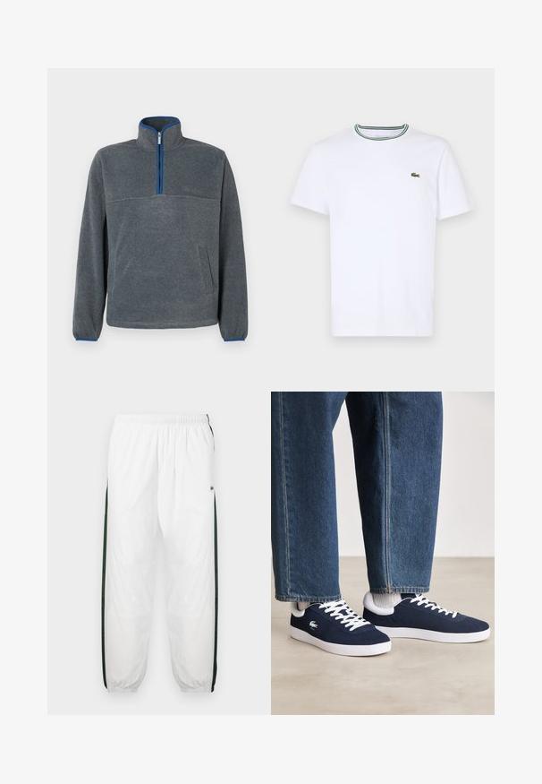 Sivý flísový pulover s polovičným zipsom, modré akcenty na zips a manžetách, a predné vrecko. Mäkko textúra, voľný strih.; Biela bavlnená tričko s krátkym rukávom a rebrovaným golierom s zelenými a čiernymi pruhmi; malá zelená vyšitá logo na ľavej hrudi.; Biele športové nohavice s tmavozelenými bočnými panelmi. Ľahký materiál, elastický pás a sťahované lemy. Obsahujú sieťovinovú textúru na bočných paneloch.; Modré plátené tenisky s bielymi šnúrkami a gumovými podrážkami, vystavené spolu s džínsovými nohavicami a šedými rebrovanými ponožkami na svetlosivom povrchu.
