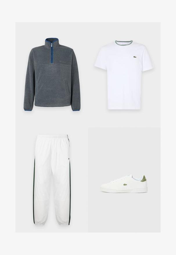 Sivý flísový pulover s polovičným zipsom, modré akcenty na zips a manžetách, a predné vrecko. Mäkko textúra, voľný strih.; Biela bavlnená tričko s krátkym rukávom a rebrovaným golierom s zelenými a čiernymi pruhmi; malá zelená vyšitá logo na ľavej hrudi.; Biele športové nohavice s tmavozelenými bočnými panelmi. Ľahký materiál, elastický pás a sťahované lemy. Obsahujú sieťovinovú textúru na bočných paneloch.; Biele tenisky s hladkým povrchom, s zeleným akcentom na päte a malým vyšitým logom krokodíla na boku.