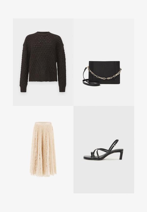 Dark brown knitted sweater featuring a loose fit, long sleeves, and textured pattern with a round neck. Soft, chunky material.; Pleated midi skirt in light beige lace, featuring a textured surface and a fitted waistband. Soft, delicate fabric with a flowing shape.; Black strappy sandal with a square toe and a low block heel. Features multiple thin straps and an adjustable ankle strap. Made of smooth leather.; Black leather crossbody bag featuring a smooth texture, rectangular shape, and a metallic chain detail on the front. Adjustable strap included.
