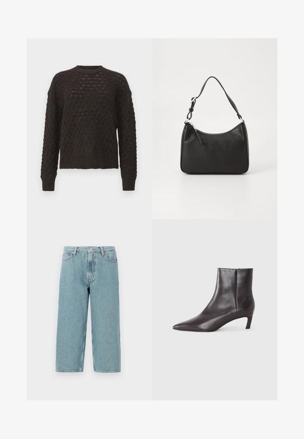 Sötétbarna kötött pulóver, laza fazonnal, hosszú ujjal és texturált mintával, kerek nyakkal. Puha, vastag anyag.; Világoskék farmer rövidnadrág, magas derékkal, egyenes szabással és nyers szegéllyel. Klasszikus gombos és cipzáras záródással rendelkezik, négy zseb van rajta.; Fekete bőr bokacsizma hegyes orral és alacsony, macskaként hivatkozott sarkával, sima felülettel, oldalsó cipzárral, semleges háttér előtt bemutatva.; Fekete bőrtáska ívelt formával, egyetlen pánttal, cipzáras záródással és diszkrét logóval az elején. Simább textúra, minimalista dizájn.
