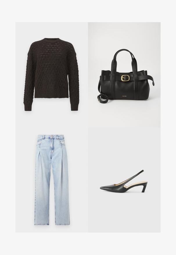 Ciemnobrązowy sweter dzianinowy z luźnym krojem, długimi rękawami i teksturowanym wzorem, z okrągłym dekoltem. Miękki, gruby materiał.; Jasnoniebieskie dżinsy z wysokim stanem, szerokimi nogawkami, dwoma bocznymi kieszeniami oraz plisowanym wzorem. Miękka tekstura z wyblakłym wykończeniem.; Czarny but na obcasie typu slingback z ostro zakończonym noskiem, z niskim obcasem, wykonany z gładkiej skóry, z wycięciem po boku dla lepszej wentylacji.; Czarna skórzana torebka o zorganizowanej konstrukcji, z podwójnymi uchwytami u góry, akcentem w postaci złotego zapięcia oraz wytłoczonym logo marki z przodu.