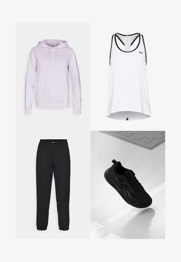 Champion ICONS HOODIE CONTRAST LOGO SMALL - Jersey con capucha - lilac; Camiseta sin mangas deportiva blanca con acentos negros, con diseño de espalda nadadora y tirantes de marca, hecha de tejido que absorbe la humedad.; Champion C-TECH CUFFED PANTS INTERLOCK - Pantalones deportivos - black; Zapatilla deportiva negra con parte superior de malla, con acentos texturizados y forma de suela plana. Incluye logotipo en tonalidades y una pestaña en el talón.