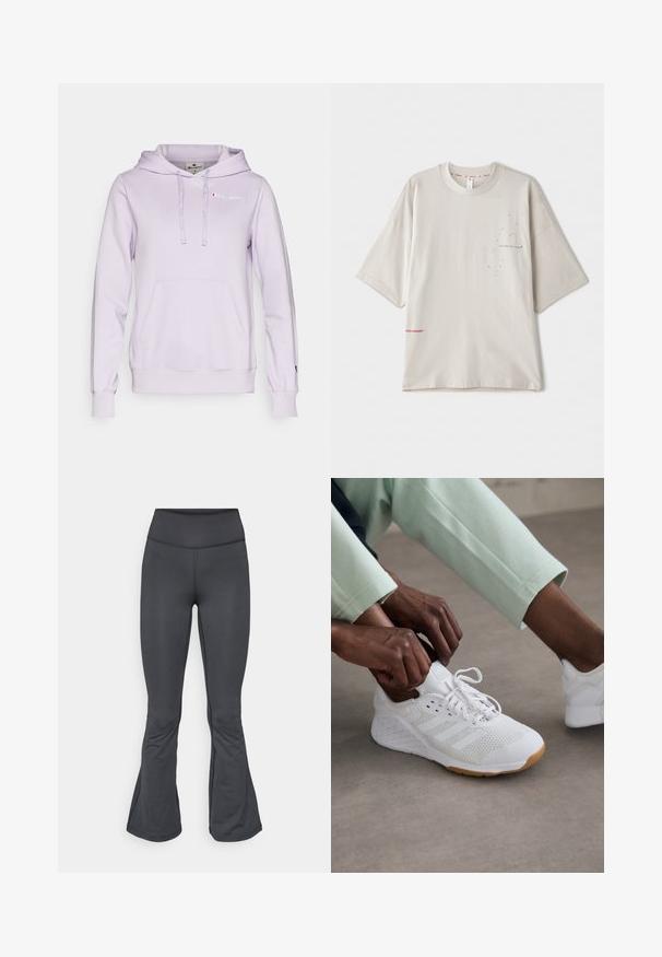 Champion ICONS HOODIE CONTRAST LOGO SMALL - Sweatshirt com capuz - lilac; T-shirt oversized cinza claro, com mangas curtas, apresentando uma pequena impressão preta no peito e um logotipo vermelho na bainha. Material de algodão suave.; Leggings cinzentos com um design de fundo amplo, feitos de um material suave e elástico, apresentando uma cintura alta e construção sem emendas.; Sapatilha atlética branca com parte superior em rede, sola de borracha e design de três riscas. O cadarço está a ser ajustado; roupa em cinza claro e verde menta visível.
