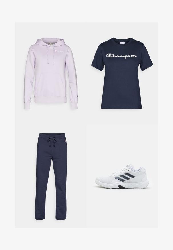 Champion ICONS HOODIE CONTRAST LOGO SMALL - Hoodie - lilac; Navy blue cotton t-shirt with short sleeves, featuring a white "Champion" logo across the chest and a small logo on the sleeve.; Navy blue sweatpants made of soft cotton blend fabric, featuring a drawstring waist and closed hem, with a small logo accent.; White athletic shoe with mesh upper, three black stripes on the side, textured accents, and a sturdy rubber sole with a contrasting black section.