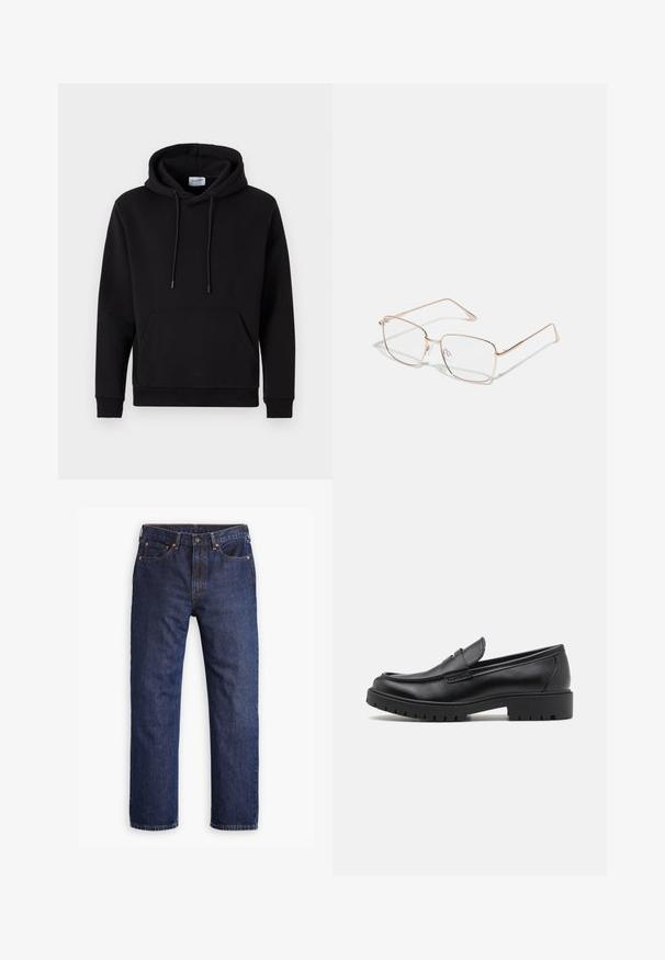 Svart hoodie i bomullsrik tyg, med en framficka, dragsko i huvan och ribbade ärmslut. Enkel och avslappnad design.; Mörkblå rakbenade denimjeans med framknapp, dragkedja, fem fickor och detaljer i kopparnitar.; Svarta lädersneakers med rund tå, som är lätta att ta på och av, och en tjock gummisula med strukturerat grepp. Höjd klack och diskreta sömnadsdetaljer.; Rektangulära glasögon med tunna, roséguld metallramar. Linserna är klara och bågarna är smala med en subtil gångjärnsdetalj.; Svart läder duffelväska med rundade handtag, en avtagbar axelrem och subtila sömnadsdetaljer. Slät textur och praktisk design.