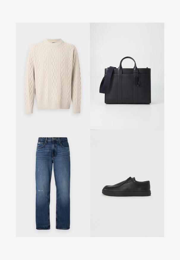 Camisola de malha grossa cor creme com gola alta, apresentando padrões texturizados e punhos e bainha com côtes. Feita de tecido macio e elástico.; Jeans de ganga azul com um design de perna reta. Apresentam áreas desbotadas e ligeira desgastação na frente, com um fecho clássico por botão.; Sapata slip-on de couro preto com biqueira arredondada, detalhes cosidos e sola de borracha preta. Textura suave com design minimalista.; Pasta de couro azul-marinho escura com alças superiores duplas e uma alça destacável. Apresenta um acabamento texturizado, costura vertical e detalhe do logotipo.