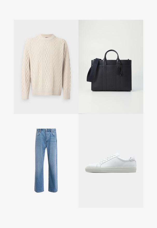 Krémový sveter s pleteným vzorom a vysokým golierom, zdobený textúrovanými vzormi a rebrovanými manžetami a lemom. Vyrobený z mäkkej, pružnej látky.; Svetlo modré denimové džínsy so strihom rovného nohu, päť vreciek, zapínanie na gombík, minimálne vyblednutie a kontrastné švy.; Biele tenisky s hladkým koženým zvrškom a nízkym profilom. Majú zaoblenú špičku, šesť očiek a štruktúrovanú gumovú podrážku.; Tmavomodrá kožená aktovka s dvoma hornými uchami a odnímateľným popruhom. Disponuje textúrovaným povrchom, vertikálnym prešívaním a detailom loga.