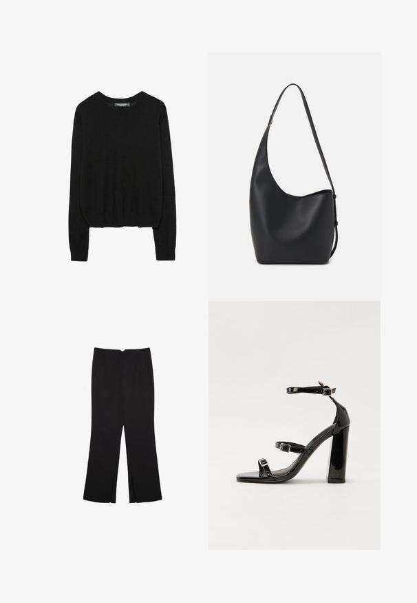 Musta pitkähihainen pyöreäkaulaimen villapaita, jossa on ribbireunat hihansuissa ja helmassa, esitetty valkoista taustaa vasten.; Mustat housut suoralinjaisella leikkauksella, joissa on etutaskut ja sivurei'ät helman alla. Valmistettu pehmeästä ja sileästä kankaasta. Sopii eri tilaisuuksiin.; Musta kiiltävä korkokenkä sandaalit neliönmuotoisella varpaalla, nilkkaremmillä ja hopeisilla soljilla. Varustettu tukevalla lohkokorkealla vakauden takaamiseksi.; Musta nahkainen hobo-laukku, jossa on sileä pinta, kaareva muoto ja yksi säädettävä olkahihna; sisäänkäynti on leveä ylhäältä.