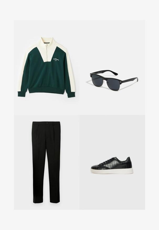 Pier One Sweatshirt - dark green; Svarte skreddersydde bukser med flat foran, to folder, knappelukking, sidelommer og rette ben. Laget av et glatt stoff.; Svarte joggesko med en teksturert krokodille-embossed læroverdel, rund tå og en kontrasterende hvit gummisåle med en glatt overflate.; Sorte solbriller med rektangulær form, mørke linser, sølvfargede detaljer ved templene, og en matt finish på rammen.