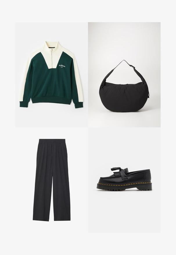 Pier One Melegítőfelső - dark green; Sötétszürke anyagból készült, bő szárú nadrág. Ráncokkal a deréknál, elegáns fazonnal és egyenes sziluettel rendelkezik.; Fekete bőr mokaszin, rojtos díszítéssel, masszív fekete talppal és sárga varrással az élén. Texturált felület.; Fekete szövet válltáska ívelt formával, egyetlen pánttal és cipzáras záródással. Puha tapintás, minimalista dizájn.