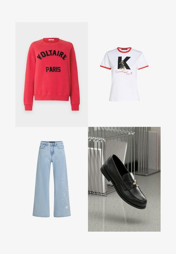 Red sweatshirt made of soft fabric, featuring a round neckline and long raglan sleeves. Large black text reading "VOLTAIRE PARIS" on the front.; White cotton t-shirt with red neckline and sleeve hems. Features a black 'K' and Donald Duck graphic with a signature in red.; Light blue wide-leg jeans in denim with stitched "Donald and Daisy" text on the left leg. Features classic five-pocket design and belt loops.; Black leather loafers with a smooth finish, featuring a decorative band and small gold accent. The sole is flat with a rounded toe.
