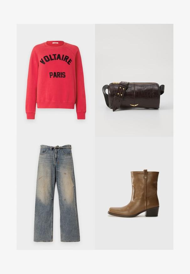 Puhaszövetből készült piros pulóver, kerek nyakkivágással és hosszú raglán ujjal. Az elején nagy fekete felirat olvasható: "VOLTAIRE PARIS".; Világoskék farmernadrág, laza, egyenes szabással. Serteszálas, kopott és szakadt részletek jellemzik a térd környékén. Klasszikus öt zsebes stílus.; Barna bőrből készült bokacsizma négyzet alakú orral, texturált felülettel és alacsony, rakott sarkával. Hátsó húzófüllel és finom varrási részletekkel rendelkezik.; Barna krokodilbőr hatású bőr táska henger alakú, arany tónusú fémveretekkel és lecsatolható, szegecsekkel díszített pánttal.