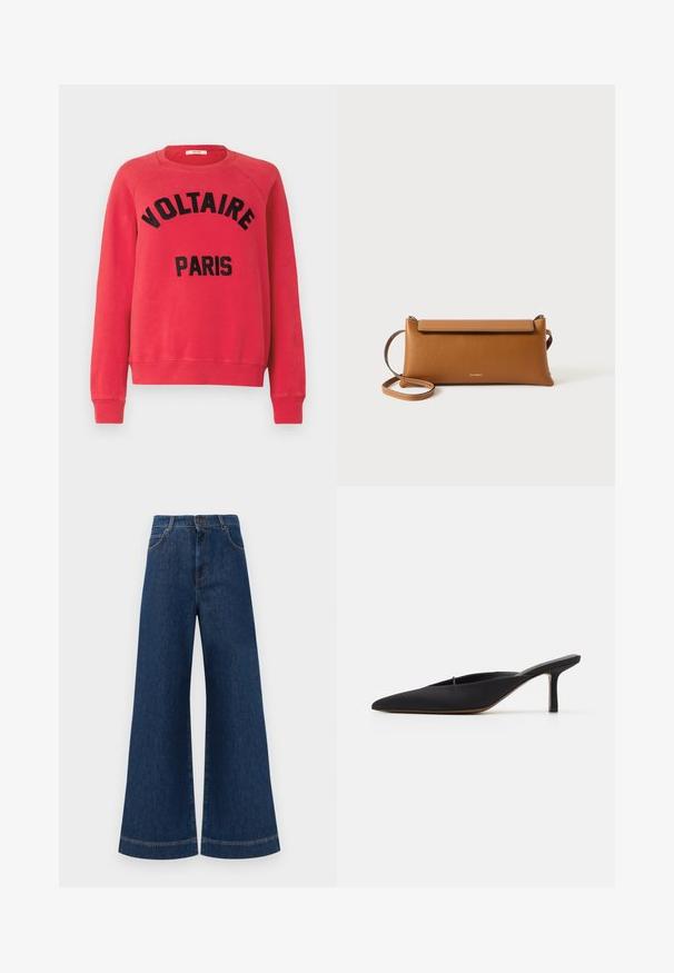 Rode sweatshirt van zachte stof, met een ronde hals en lange raglanmouwen. Grote zwarte tekst met de opschrift "VOLTAIRE PARIS" op de voorkant.; Brede blauwe denimjeans met een hoge taille, voorzien van een knoopsluiting, riemlussen en subtiele stikdetails langs de zakken en zoom.; Zwarte muiltje met spitse neus en een strak ontwerp, gemaakt van gladde stof, met een slanke hak en open achterkant voor gemakkelijk aan- en uittrekken.; Bruine lederen clutch, rechthoekige vorm, gestructureerd oppervlak, afneembare schouderband, ritsluiting, subtiel logo op de voorkant geperst.