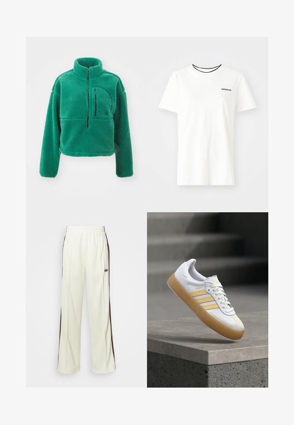 The North Face EXTREME - Polárpulóver - evergreen/black; Fehér pamut póló rövid ujjakkal és kerek nyakkivágással. A mellkason egy fekete Adidas logó található, valamint kontrasztos fekete belső gallér.; Krémszínű, laza szabású melegítőnadrág, sötétbarna oldalsávokkal és hímzett logóval a bal combon.; Fehér bőr sportcipő sárga részletekkel, három csíkkal és gumitalpú. Kerek orrú és texturált nyelvű.