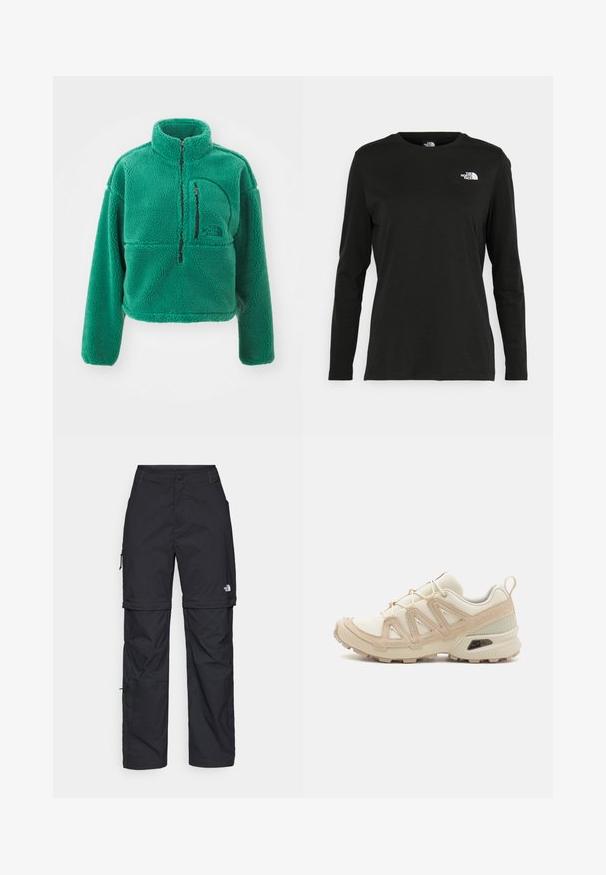 The North Face - Bluza z polaru; Czarna koszulka z długim rękawem z bawełny z okrągłym dekoltem. Posiada niewielkie białe logo po lewej stronie na piersi. Prosty design i fason.; Czarne nylonowe spodnie cargo z odpinanymi nogawkami, regulowanymi mankietami, wieloma kieszeniami oraz logo na prawej nogawce. Gładka, lekka tekstura.; Beżowe i kremowe buty sportowe z teksturowanej siateczki, wspierającymi nakładkami oraz gumową podeszwą z wzorem bieżnika zapewniającym przyczepność.