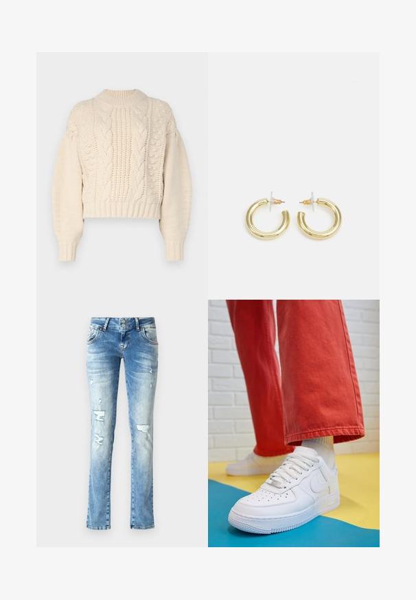 Cremefarbener, kurz geschnittener Pullover aus strukturiertem Strick, mit Kabelmustern und gerippten Bündchen. Der Stoff wirkt weich und voluminös.; Helle blaue Jeans aus Denim mit entspannter Passform, featuring distressed Details, einem Knopfverschluss mit zwei Knöpfen und geraden Beinen.; Weiße Leder-Sneaker mit perforiertem Zehenbereich, strukturiertem Sohlen und weißen Schnürsenkeln, kombiniert mit weiten roten Hosen und einem blauen und gelben Hintergrund.; Goldene Creolen mit einer glatten, glänzenden Oberfläche. Zirkuläres Design mit einem kleinen Stecker und einer klaren Rückseite für einen sicheren Sitz.