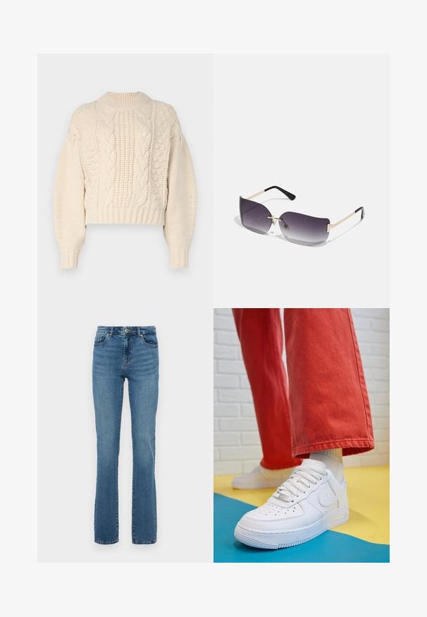 Pull court crème en tricot texturé, avec des motifs en côtes et des poignets côtelés. Le tissu semble doux et épais.; Jeans blue taille haute à jambes droites avec bouton et fermeture éclair à l'avant, design à cinq poches et décoloration subtile au niveau des cuisses et des genoux.; Baskets blanches en cuir avec une boîte à orteils perforée, semelle texturée et lacets blancs, associées à un large pantalon rouge et un fond bleu et jaune.; Lunettes de soleil avec une lentille dégradée grise, une monture en métal doré et des accents en plastique noir. Lentilles uniques en forme de papillon avec des branches fines.; Boucles d'oreilles en or avec une finition lisse et brillante. Design circulaire présentant un petit clou et une attache transparente pour un port sécurisé.