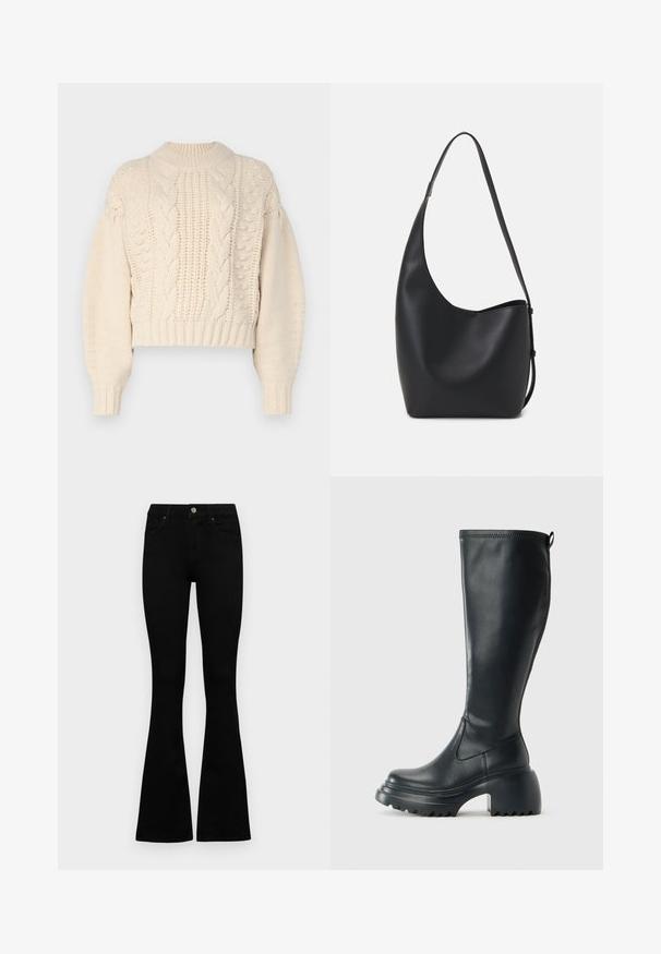Krämfärgad kortad tröja med strukturerad stickning, prydd med kablar och ribbade ärmslut. Tyget verkar mjukt och tjockt.; Svarta högmidjade jeans med knäppning och dragkedja, frontfickor och utsvängda ben, liggande platt på en vit bakgrund.; Höga svarta läderstövlar med kraftig plattformssula och blockklack, med dragflik och strukturerat mönster på yttersulan.; Svart läder hobo-väska med en slät textur, kurvig form och en justerbar axelrem; har en bred öppning upptill.