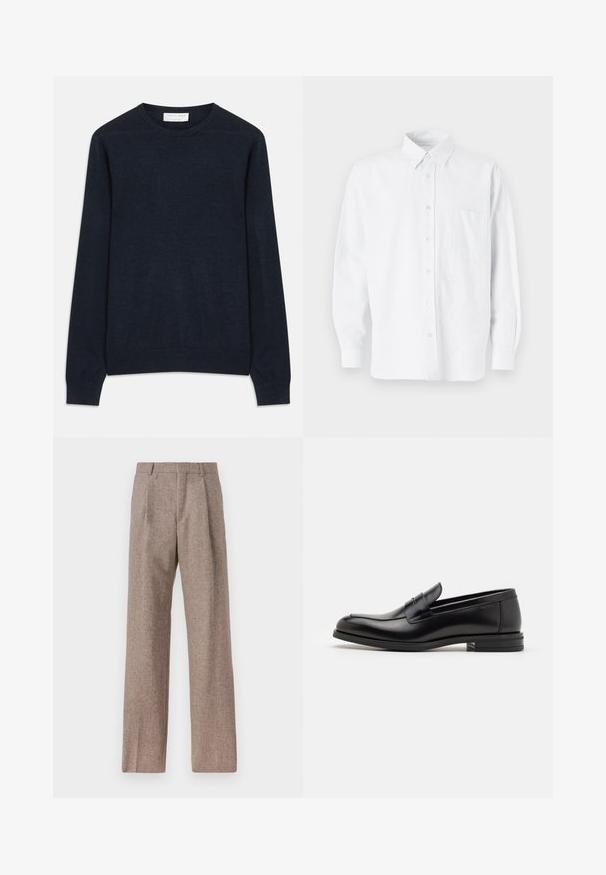 Pull à col rond bleu marine en tissu doux. Doté de manches longues et de bords côtelés aux poignets et à l'ourlet. Couleur unie et simple sans motifs.; Chemise blanche à boutons avec col, présentant de légères rayures verticales, des manches longues, une poche poitrine et un ourlet arrondi classique.; Pantalons marron taille haute en tissu texturé. Présente des jambes larges et deux plis avant pour la structure. Finition soignée sans matériel visible.; Mocassins en cuir noir avec une texture lisse, bout rond et une sangle décorative sur le dessus. Talon bas empilé, design minimaliste.