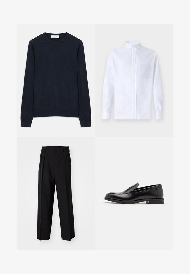 Tumedat sinise värvi ümar kaelusega sviiter, mis on valmistatud pehmest kangast. Omab pikki varrukaid ning soonikse mitu. Lihtne, ühevärviline ilma mustriteta.; Valge pikamaa varrukatega nööbiga särk, mis on valmistatud puuvillast ja millel on rinna tasku toon-toonis brodeeringuga, krae ja nööbiga mansetid.; Mustad volditud püksid sirge ja laia säärega disainiga. Valmistatud siledast kangast, millel on nuppudega sulgemine ja vööaasad.; Mustad mustad nahast loafers sileda tekstuuriga, ümarat ninaosa ja dekoratiivne riba vampi üle. Madal kihiline konts, minimalistlik disain.